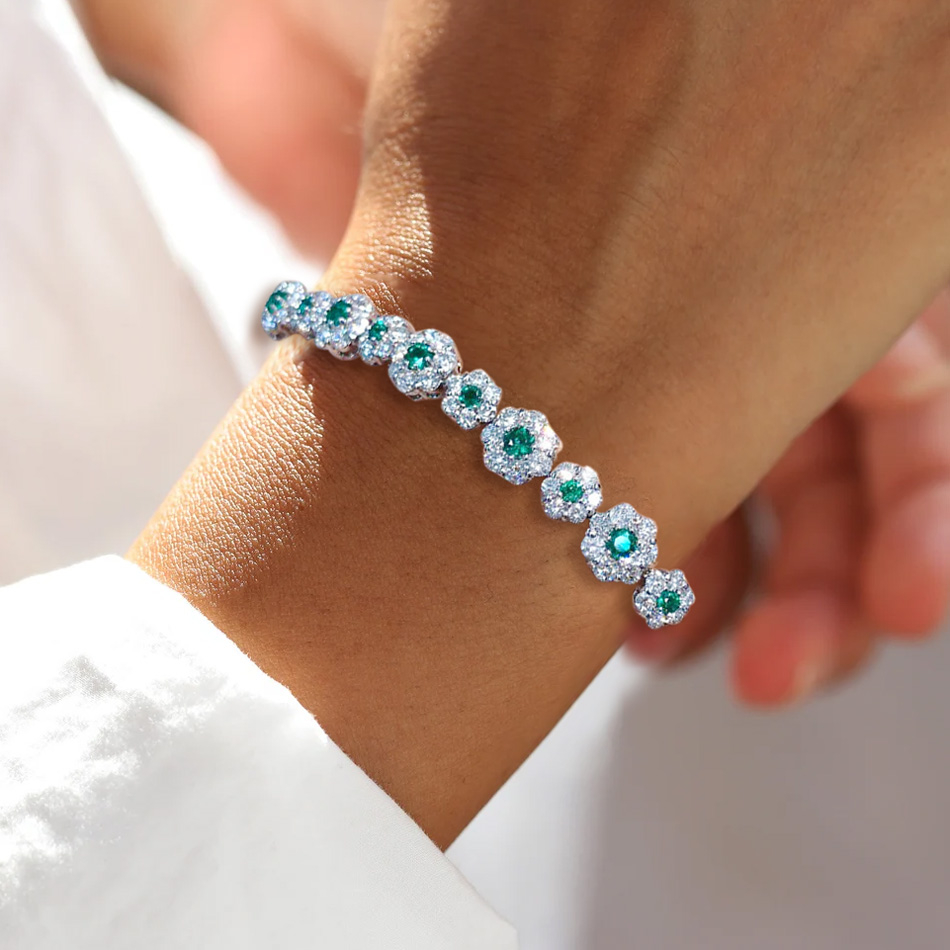 Flower Design Round Cut Emerald Bracelet