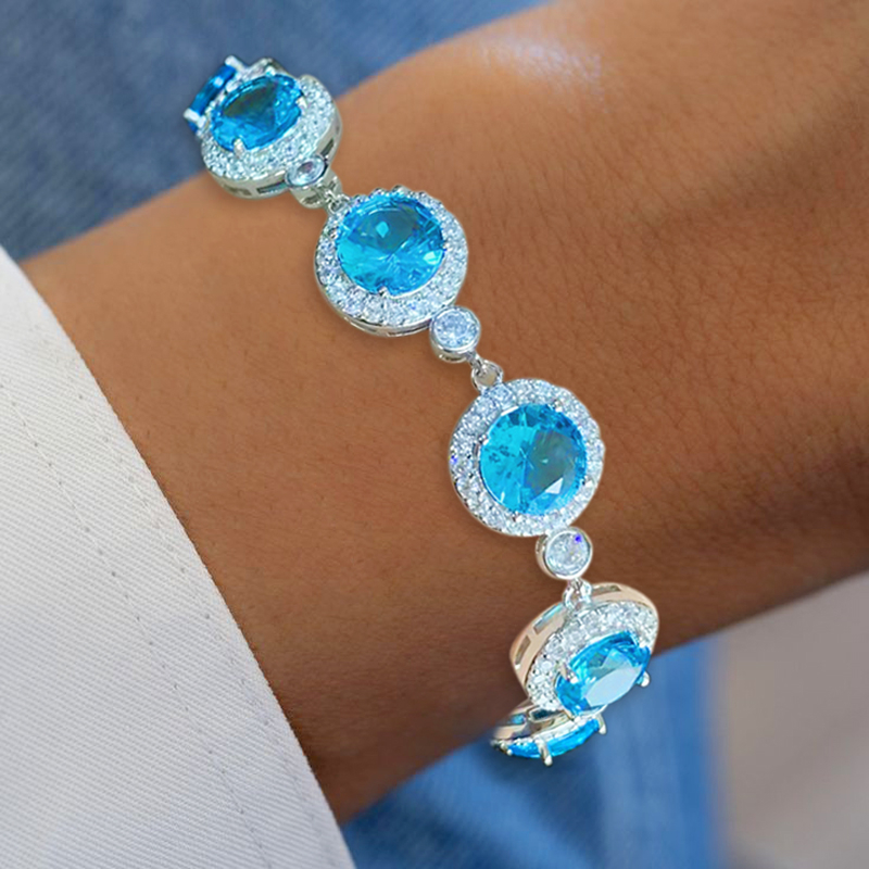11.5ctw Halo Round Cut Aquamarine Bracelet