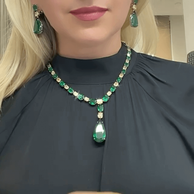 Multi-cut Emerald Sapphire Necklace & Earrings Jewelry Set