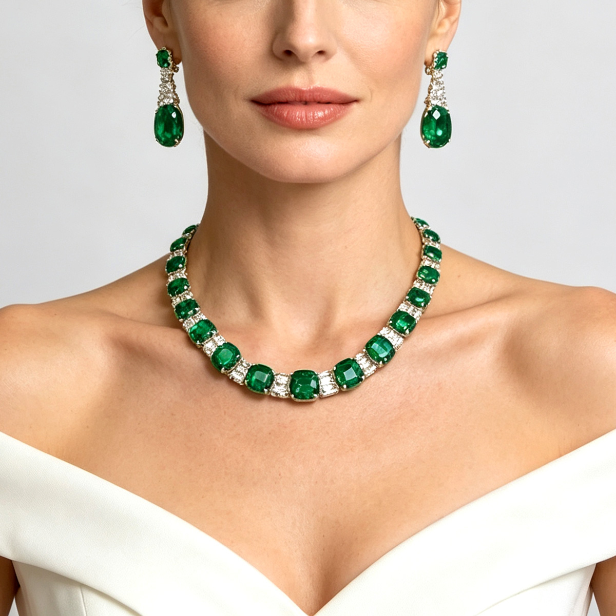 Cushion Cut Emerald Necklace & Earrings & Ring 3pcs Jewelry Set