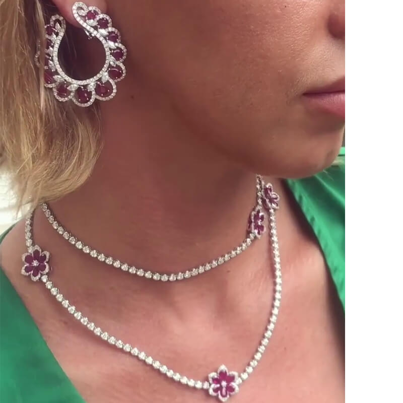 Flower Design Ruby Necklace & Earrings Jewelry Set