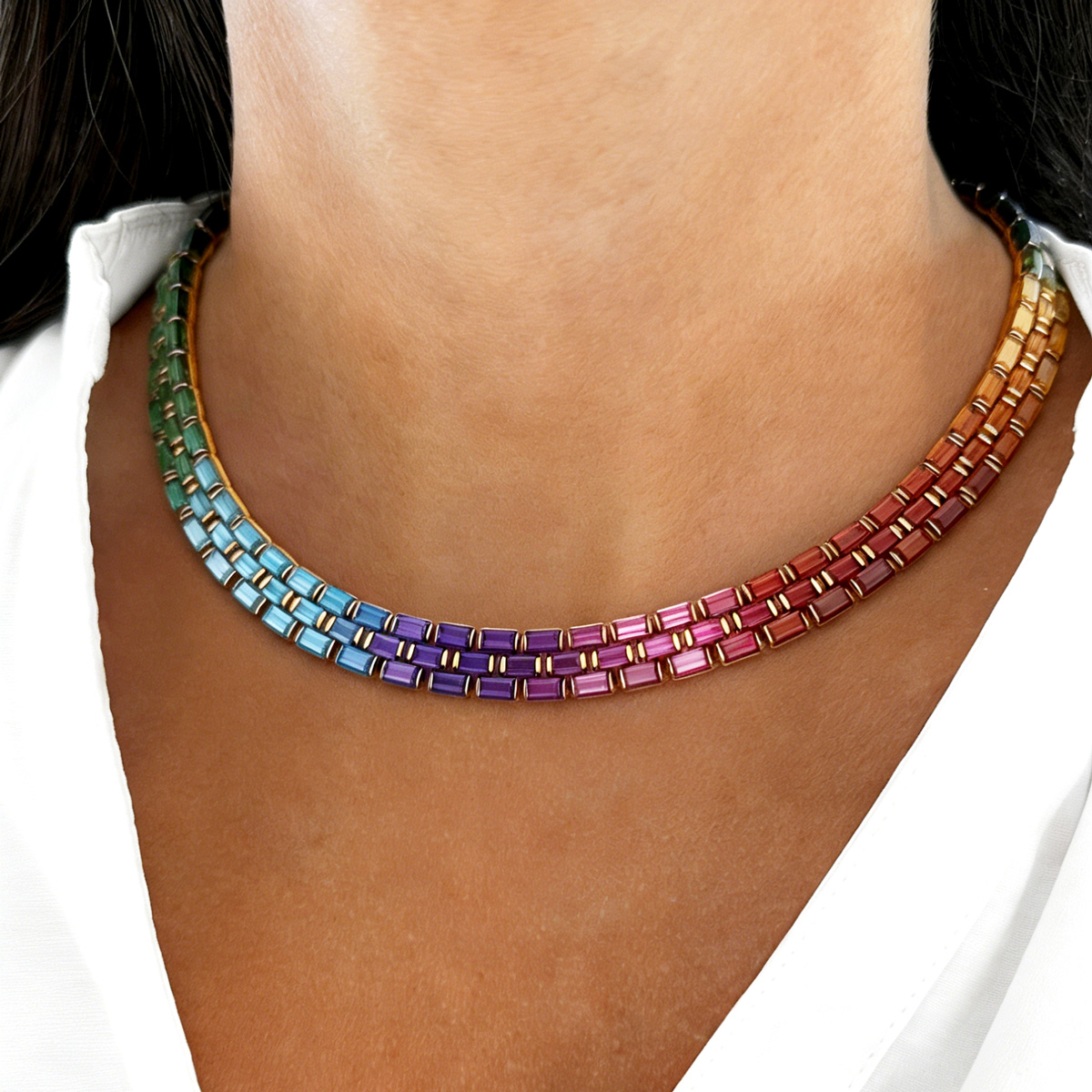 60ctw Baguette Cut Multicolor Sapphire Rainbow Necklace