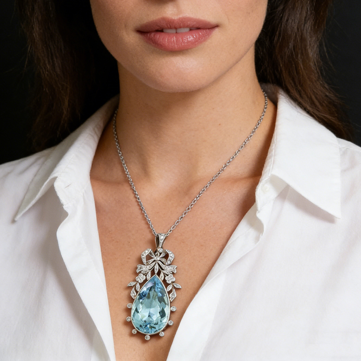 20ct Pear Cut Aquamarine Cluster Crown Vintage Pendant Necklace
