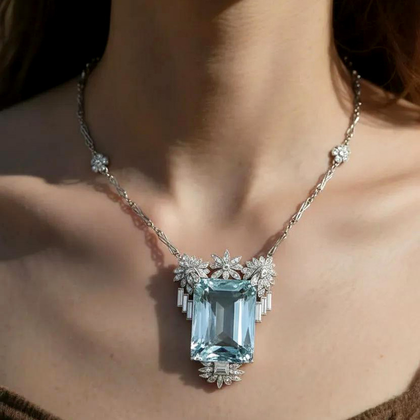 25ct Radiant Cut Aquamarine Cluster Flower Vintage Pendant Necklace