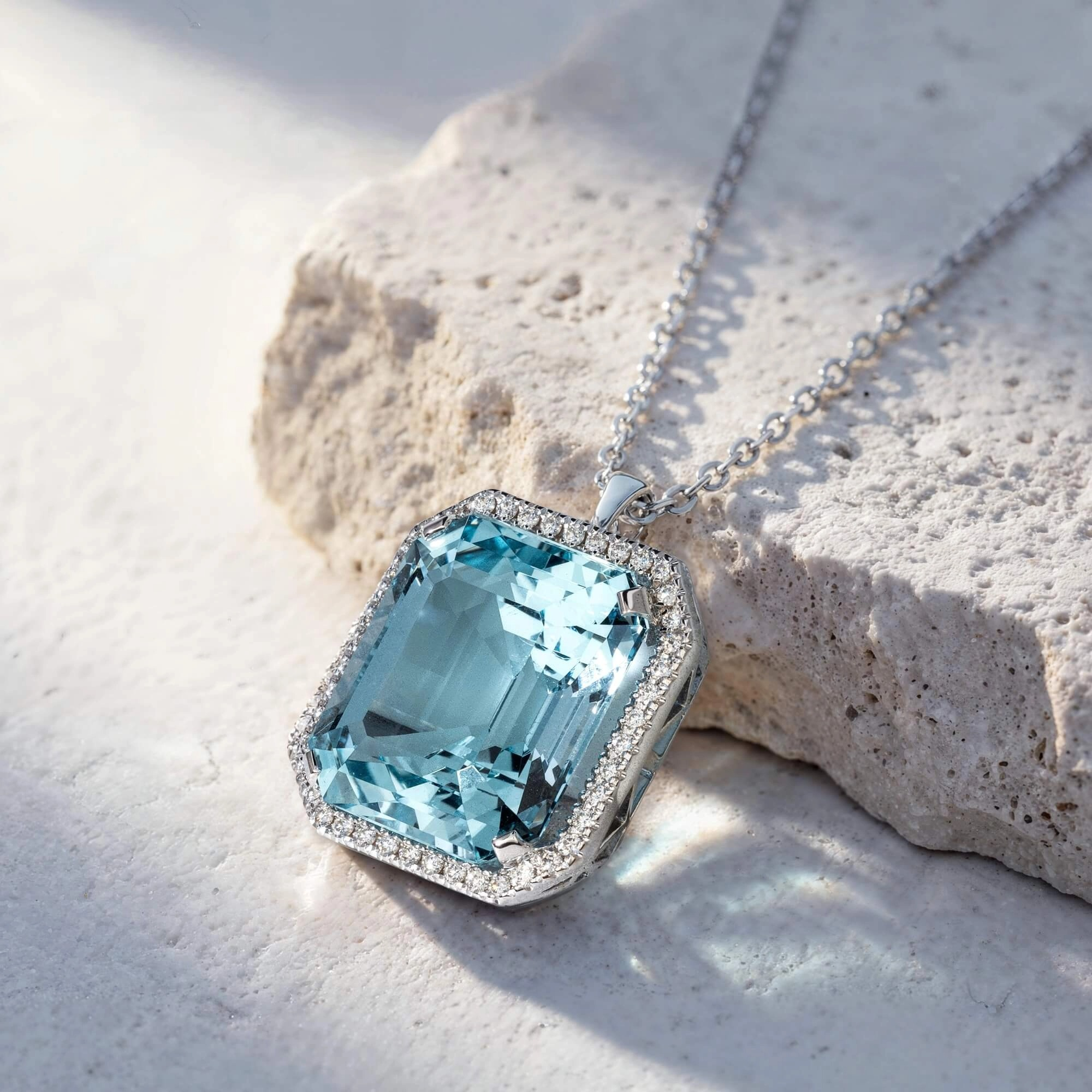 14ct Emerald Cut Aquamarine Classic Halo Pendant Necklace