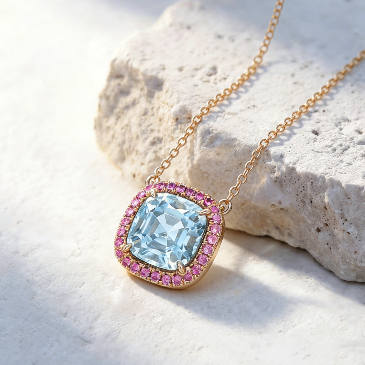 9.5ct Cuhsion Cut Aquamarine Pink Halo Pendant Necklace