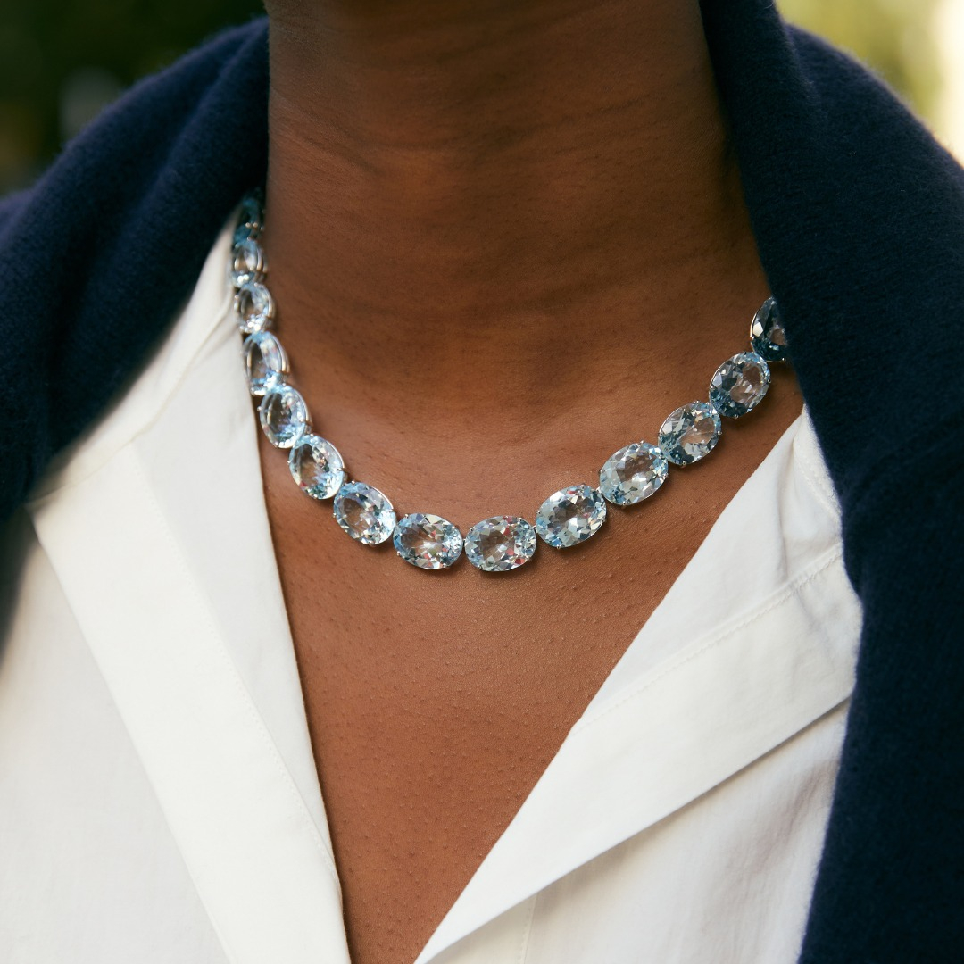 140ctw Oval Cut Aquamarine Riviera Statement Necklace