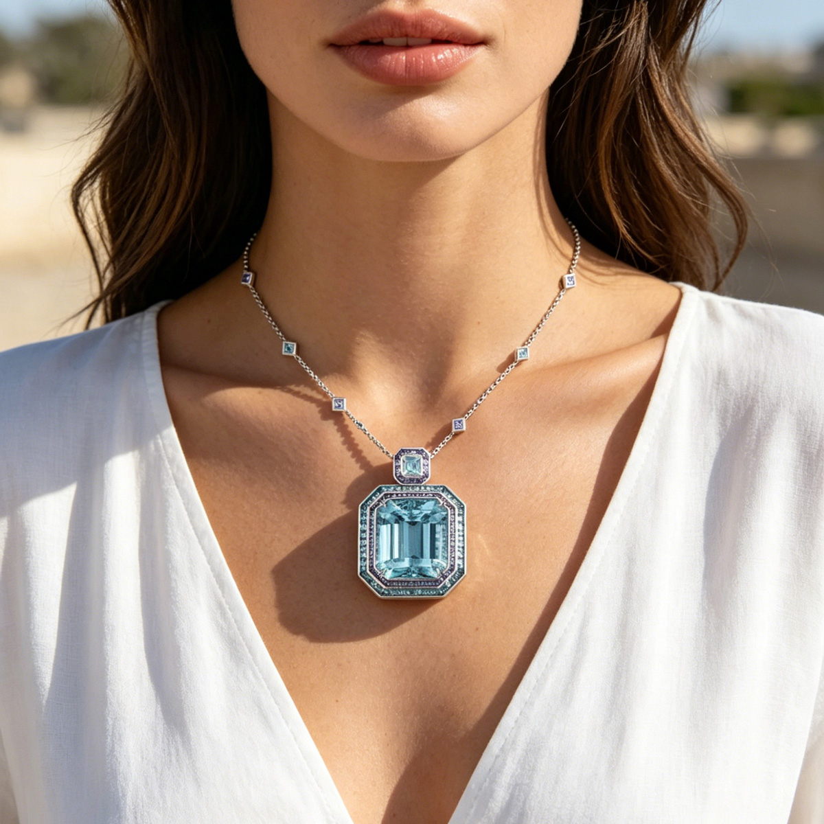 22ct Huge Asscher Cut Aquamarine Halo Statement Necklace