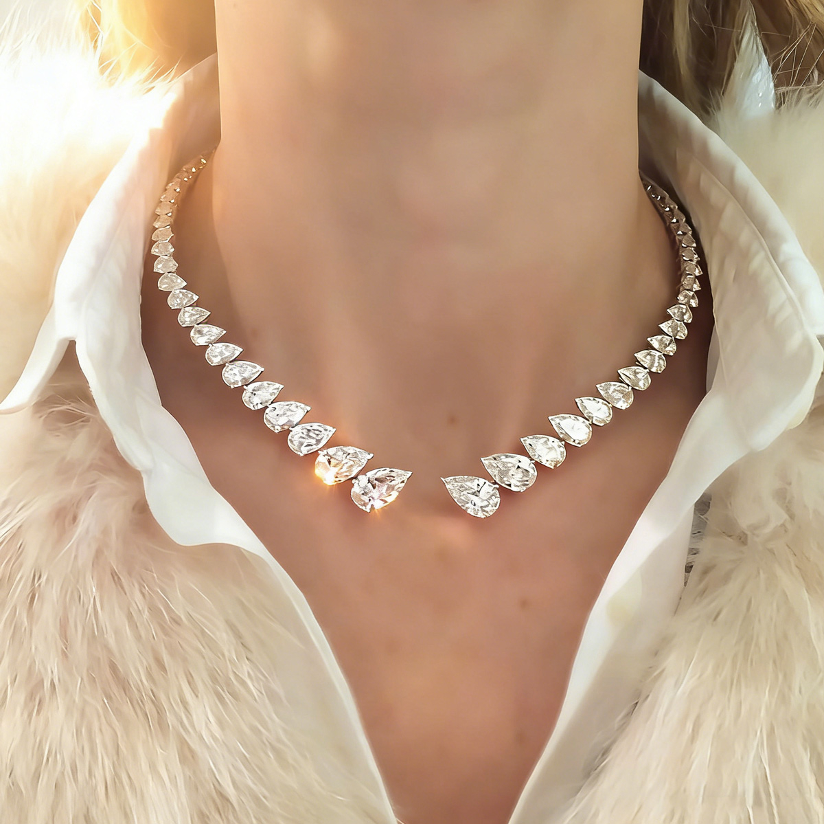 36ctw Graduated Pear Cut White Sapphire Cuff Necklace