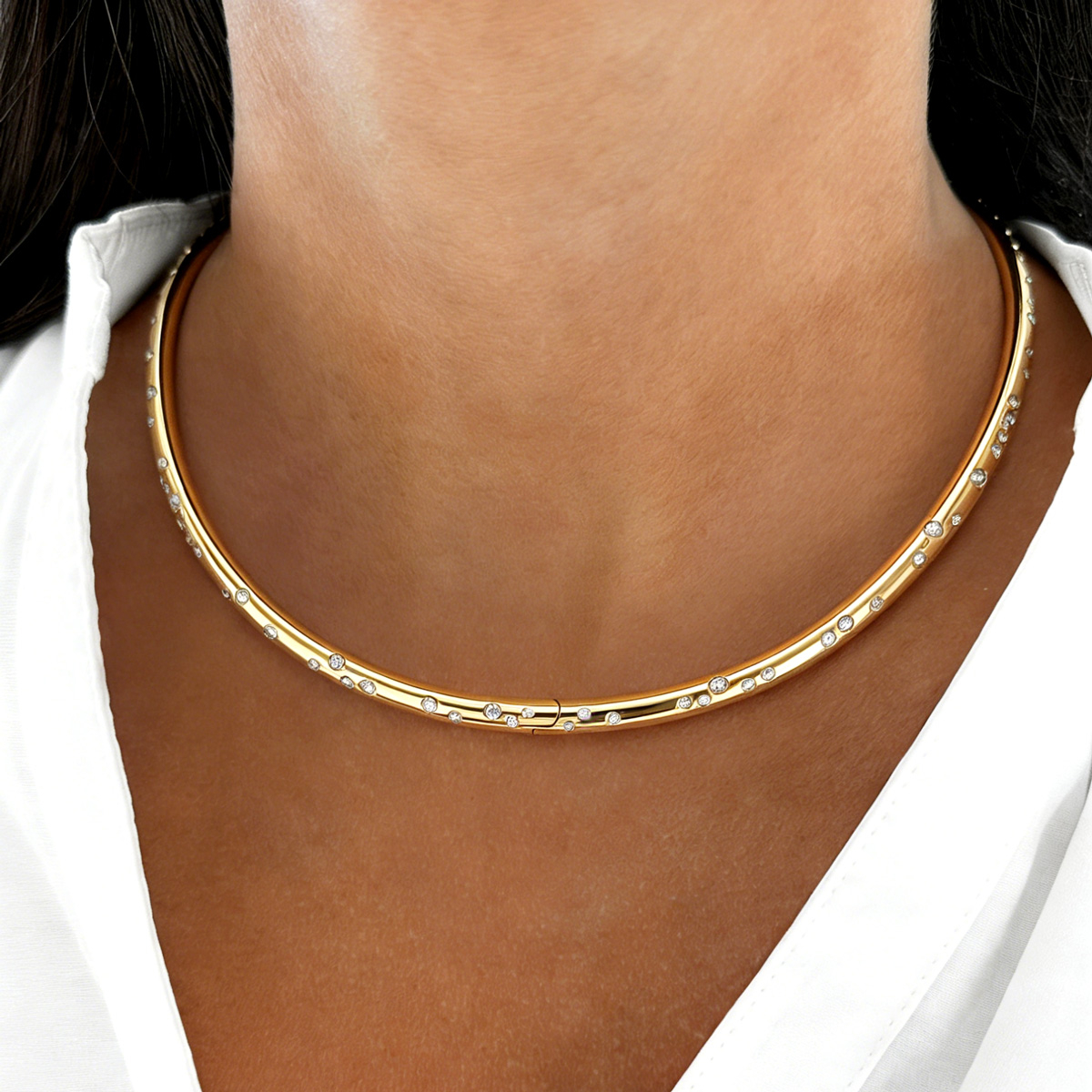 Flush Set Round Cut White Sapphire Stardust Collar Necklace