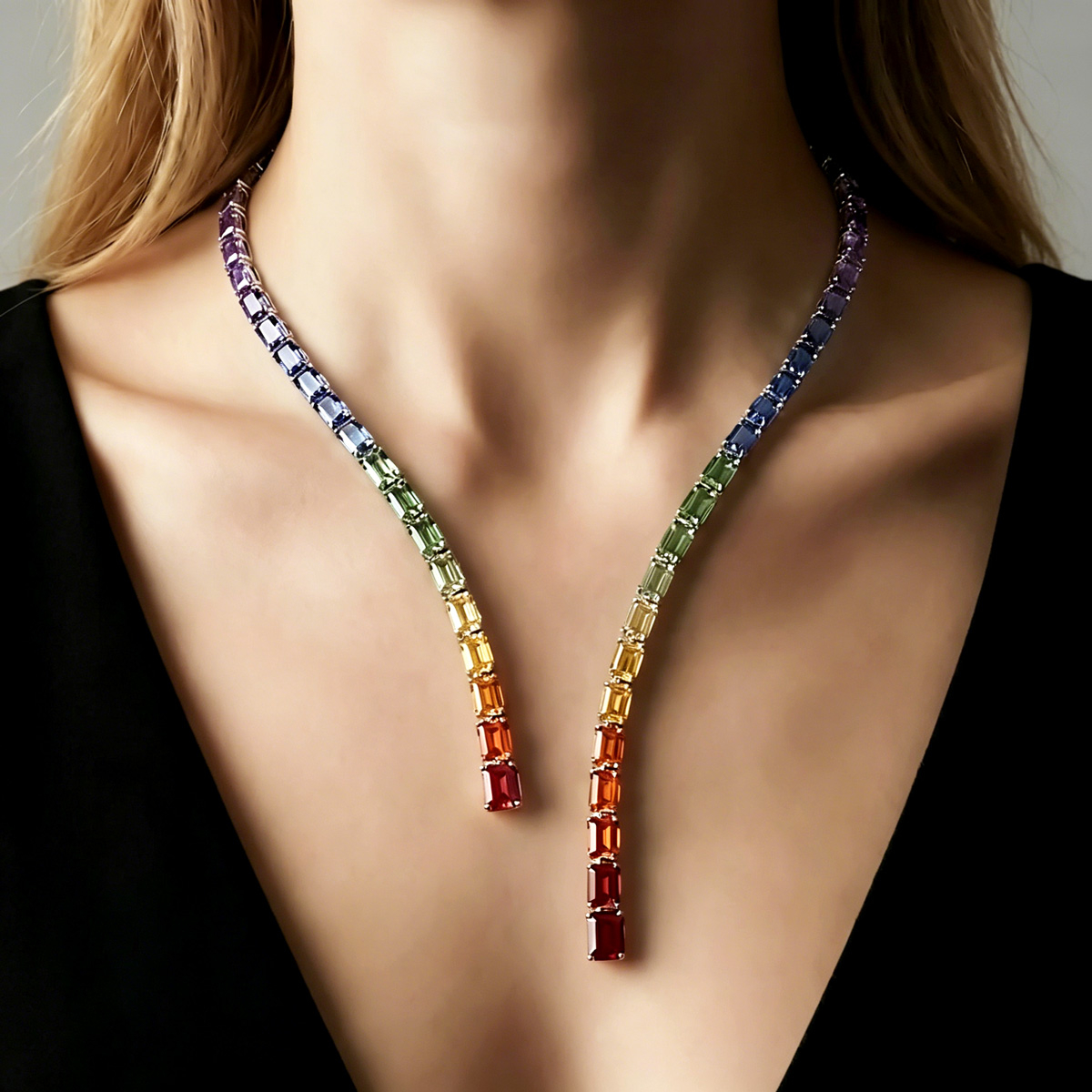 16ctw Emerald Cut Multicolor Sapphire Rainbow Collar Necklace