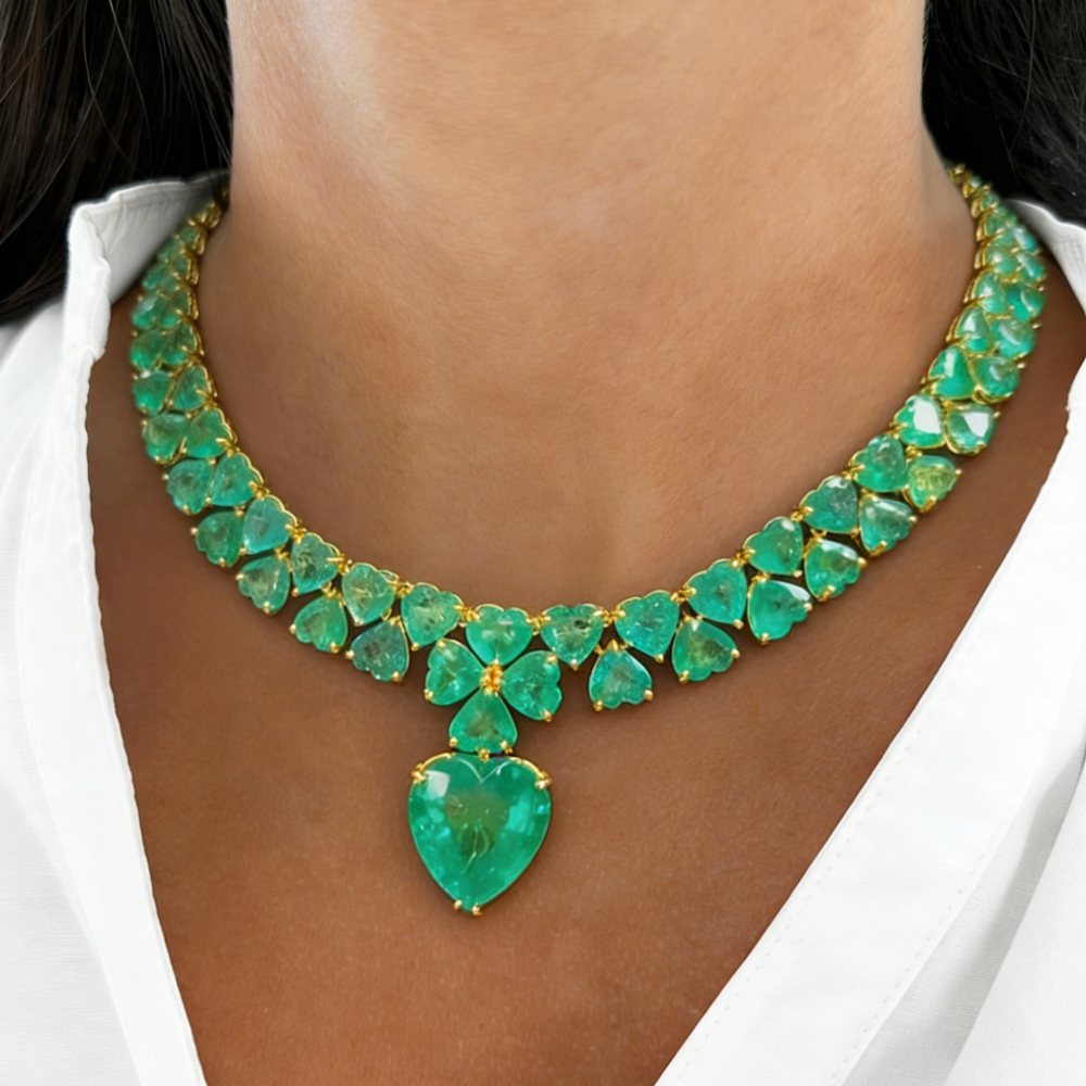 80ctw Heart Cut Emerald Clover Statement Necklace
