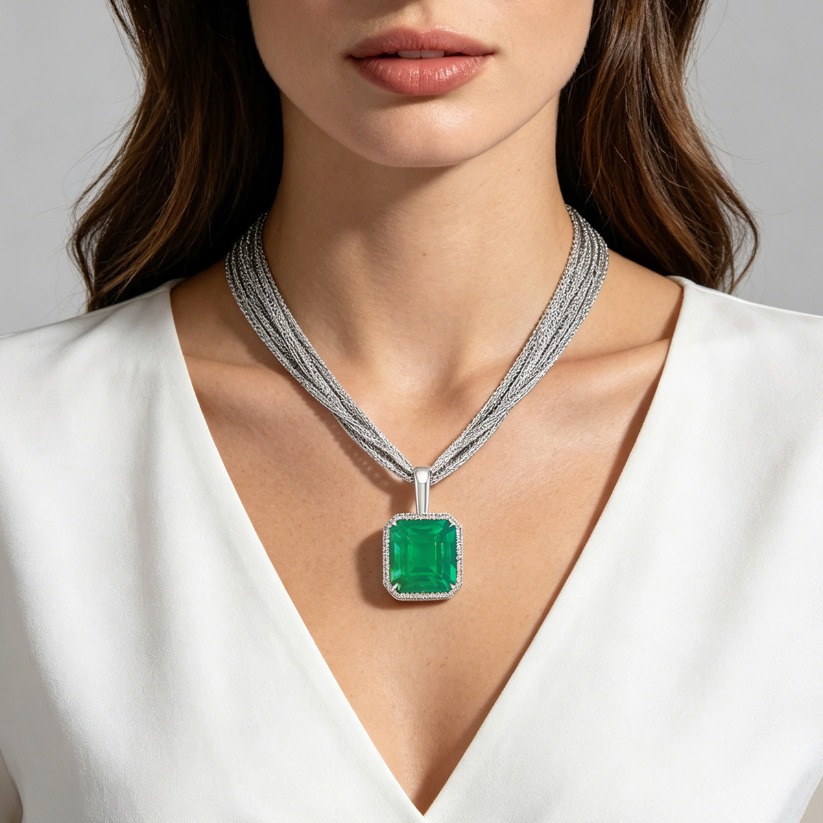15ct Emerald Cut Halo Pendant 15-strand Chain Necklace