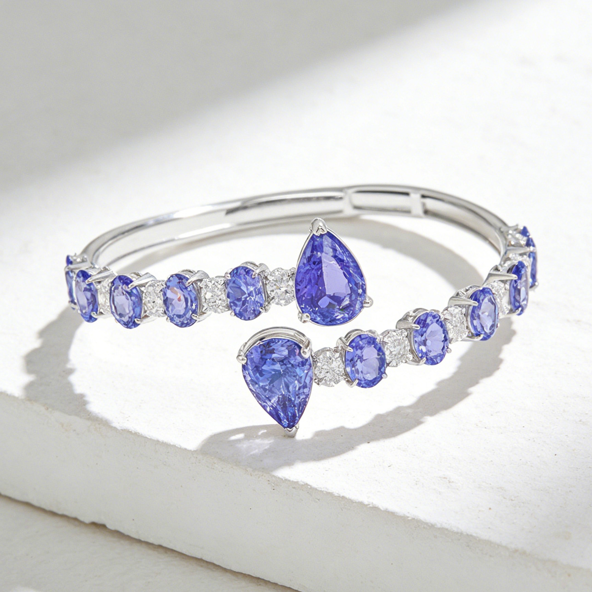 13ctw Pear Cut Tanzanite Blue Sapphire Bypass Bangle