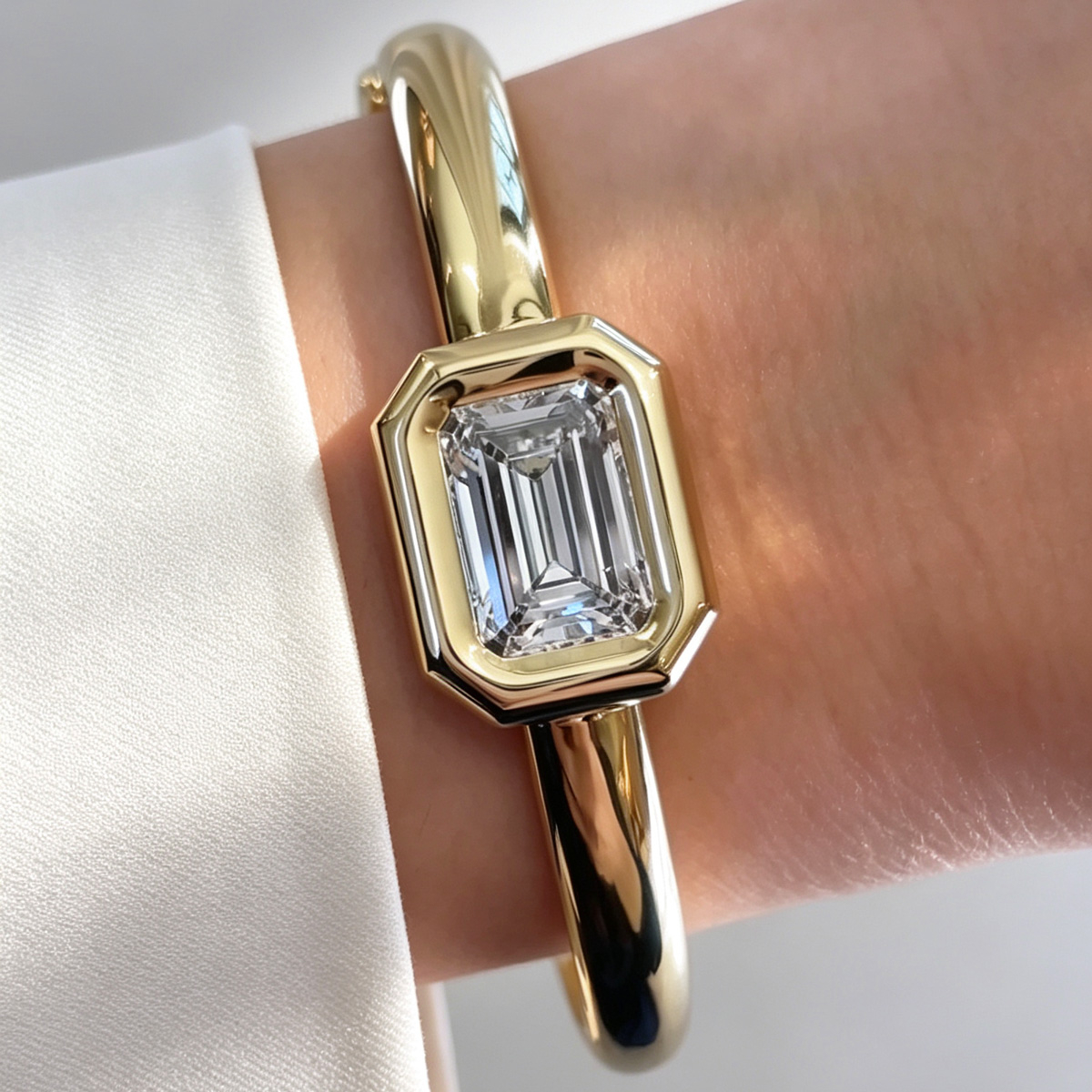 8ct Bezel Set East-West Emerald Cut White Sapphire Simple Bangle
