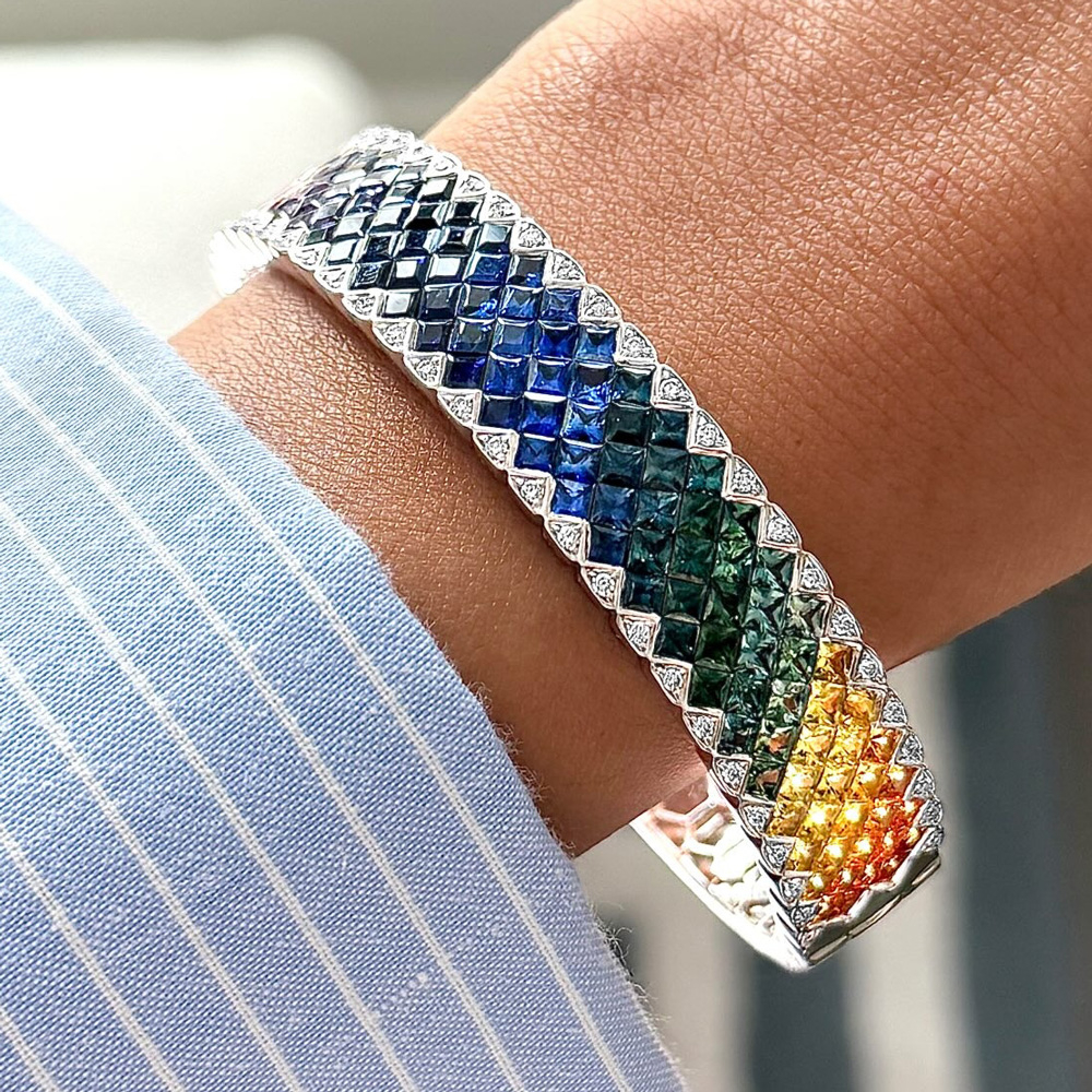 16ctw Princess Cut Multicolor Sapphire Three Row Rainbow Bangle