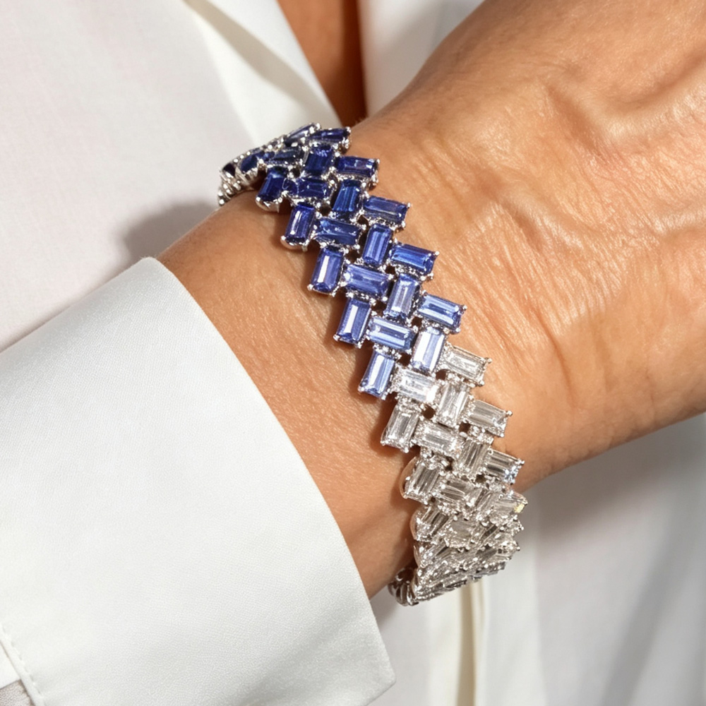 18ctw Baguette Cut White and Blue Sapphire Statement Bangle