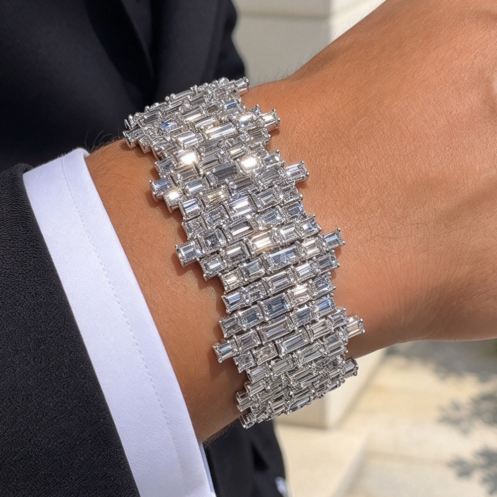 40ctw Staggered Baguette Cut Cluster Statement Bracelet