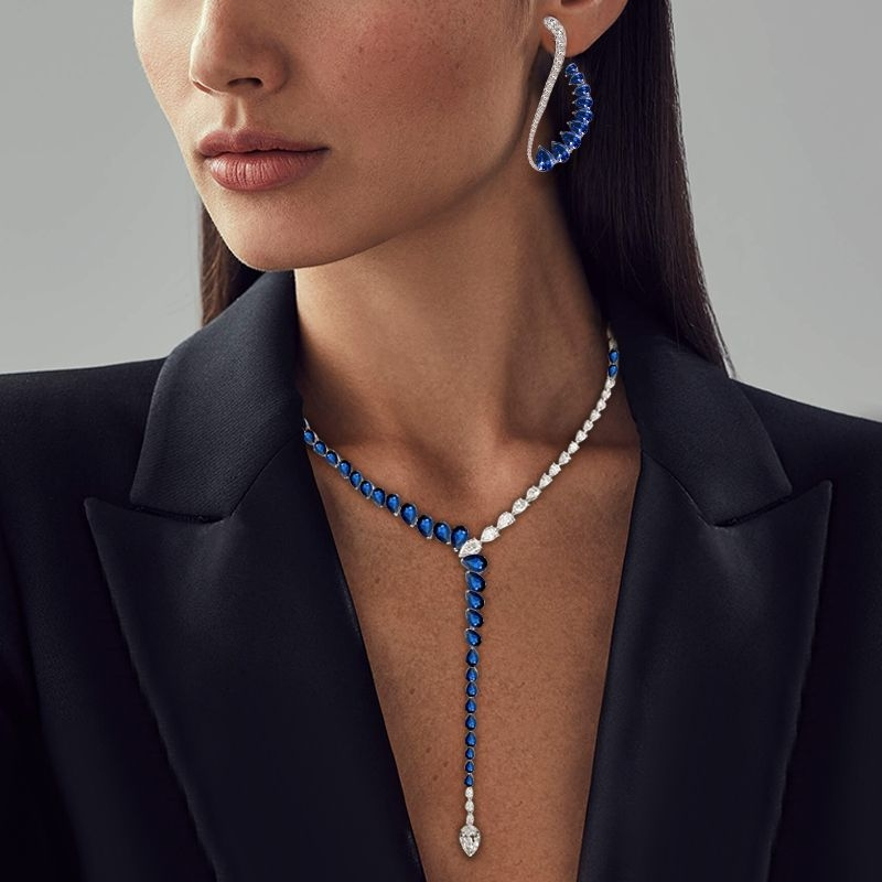 Pear Cut Blue Sapphire Necklace & Earrings Jewelry Set