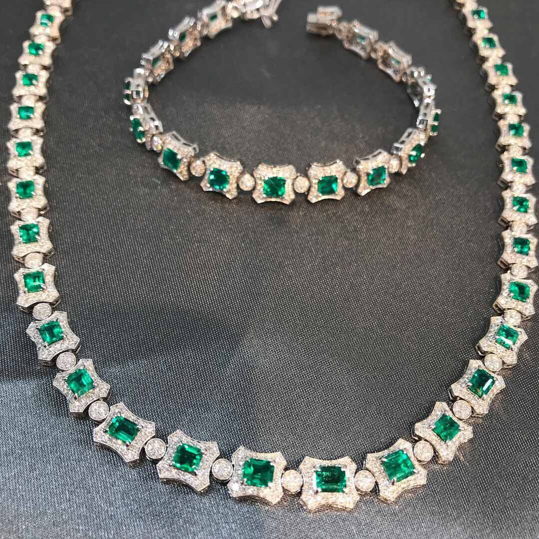 Radiant Cut Green Sapphire Necklace & Bracelet Jewelry Set