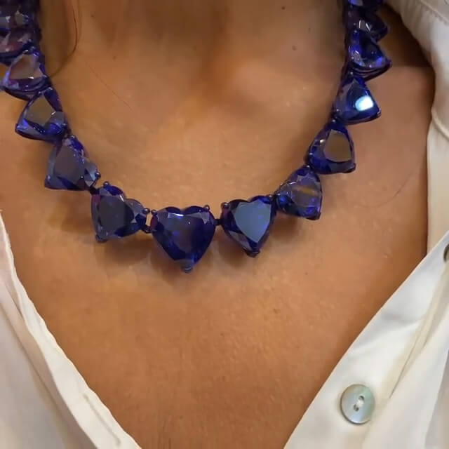Heart Cut Blue Sapphire Necklace & Earrings Jewelry Set