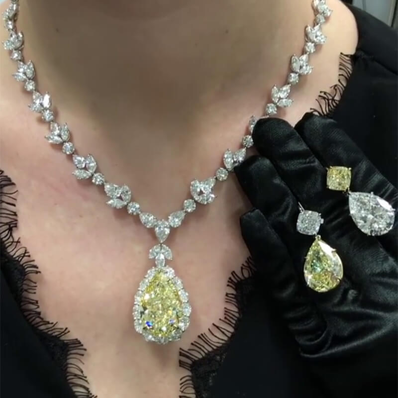 Pear Cut Yellow Sapphire Necklace & Earrings Jewelry Set